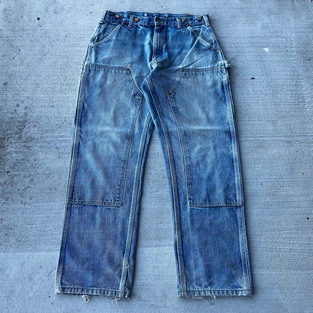 Carhartt faded denim blue jean double knee work wear carpenter pants